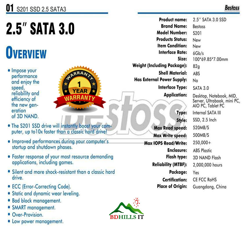 Bestoss 3D Nand Flash Ssd Sata Iii 6Gb-S 2.5 Inch Ssd Black Model S201 - Boost Your System Performance With Bestoss Ssd. 