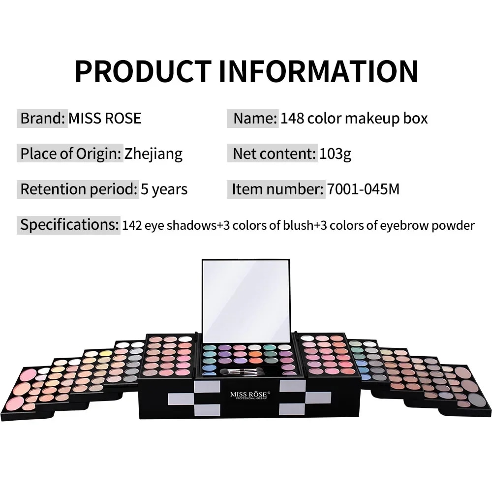 Miss Rose Makeup Case Set Kit-Ultimate Color Combination-Holiday Gift Set Cosmetic Eye Shadow Lip Gloss Blush Brow Combo Palette JokeT. 