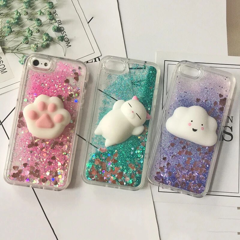 3D Squishy Cat Case For iPhone 5S SE 7 7 Plus Case Liquid Quicksand Glitter Case For iPhone 8 Plus Xs Xr 6s Cover Coque