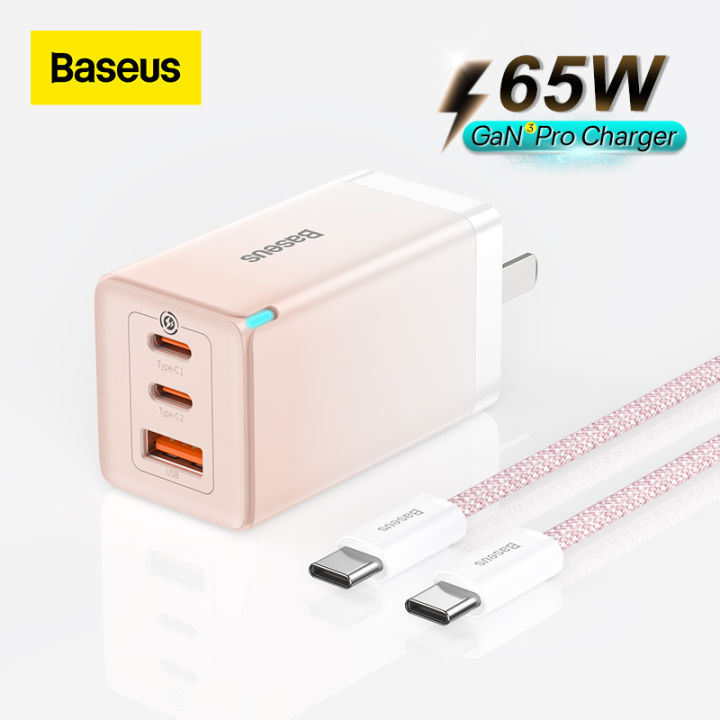 Baseus Gan3 Pro Fast Charger 3 Port 2 Type-C and 1 USB Port 65W GaN CN Plug Adapter with Dynamic Series Type-C to Type-C 100W Fast Charging Cable 1M