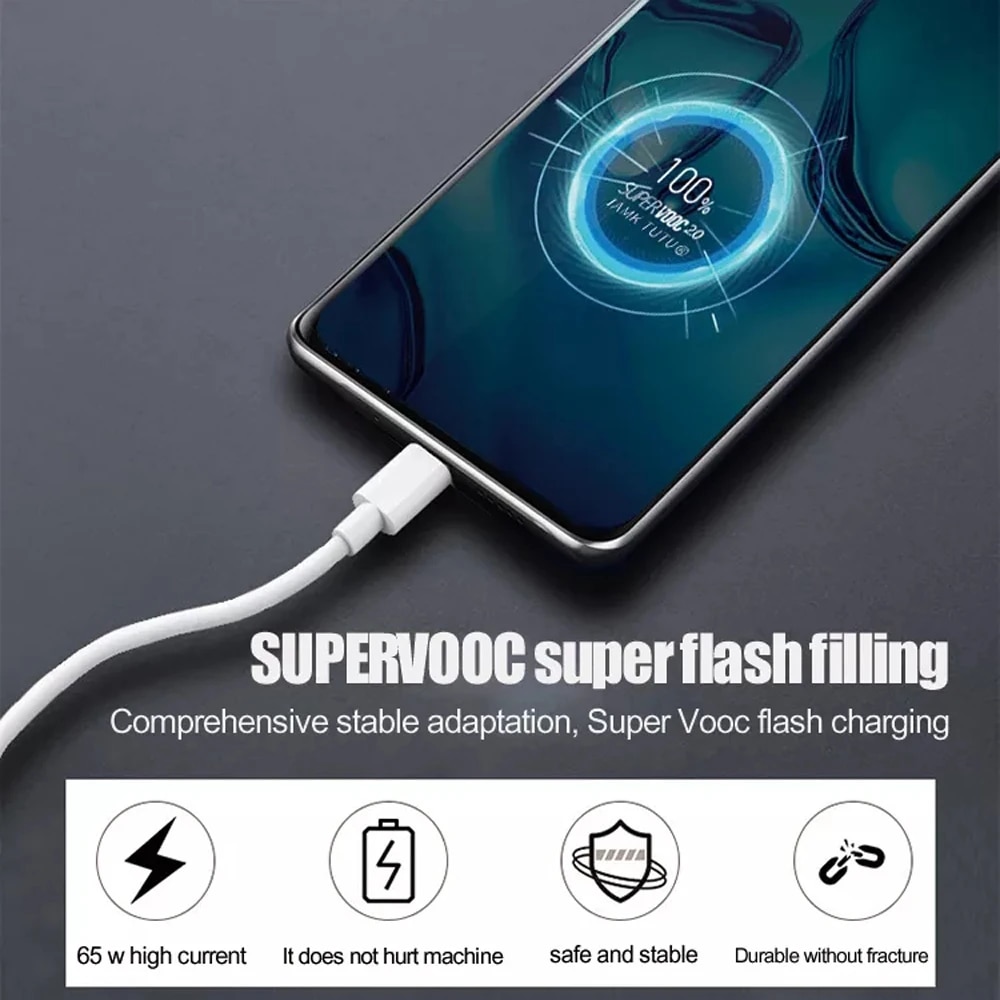 65W USB Type C Cable 6.5A Fast Charging Cable for OPPO Realme SuperVOOC 2.0 SuperDart USB C Data Cable for 0.5M/1M/1.5M/2M. 