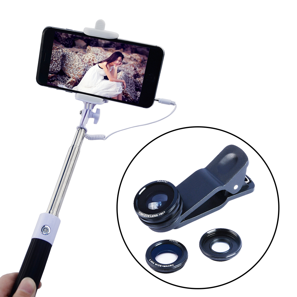 3 In1 Phone Camera Lens Kit Fisheye Wide Angle Macro Telephoto Lens with Selfie Stick Monopod. 