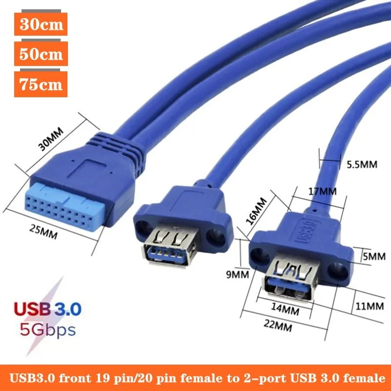 DIY Chassis USB3.0 Front 19 Pin/20Pin Female To 2-Port USB 3.0 Female With Ear Baffle Panel Cable