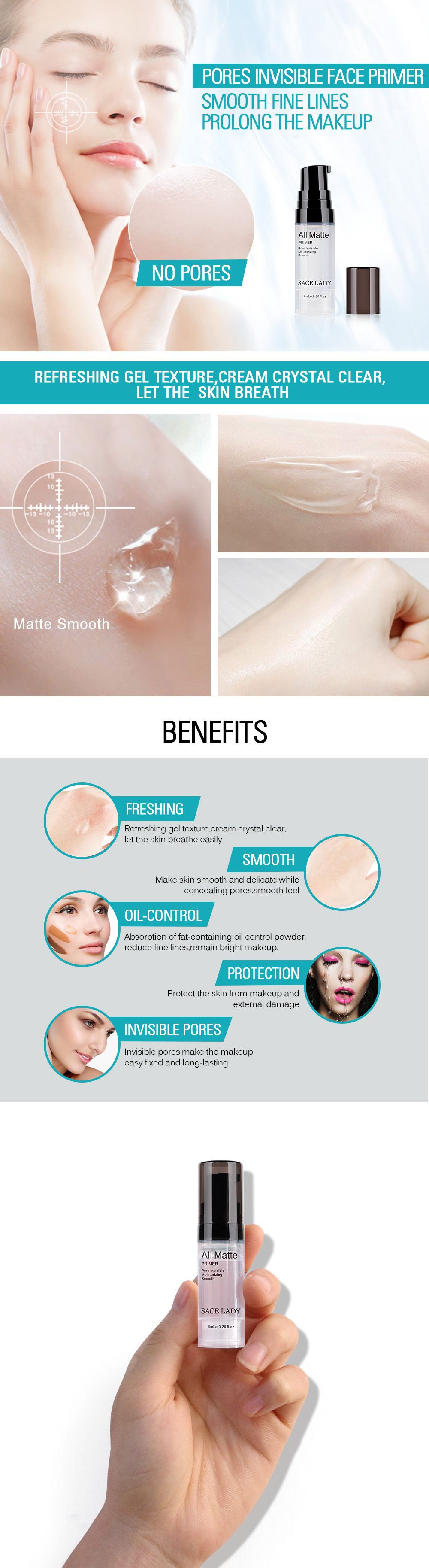 SACE LADY Face Primer Base Natural All Matte Foundation Pores Invisible Oil-Control Base Moisturizing Smooth Fine Lines Cosmetic. 