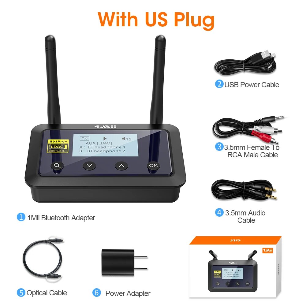 1Mii B03Pro+ Bluetooth 5.0 Transmitter Receiver Audio aptX LL HD CSR8675 HiFi LDAC Bluetooth Adapter for TV PC with LCD Screen #. 