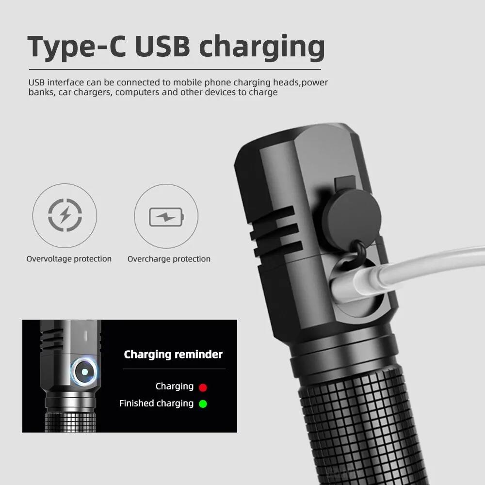 Mini Flashlight XHP50 LED USB C Rechargeable 16340 18650 Battery Flashlight 1500lm Powerful Torch Can Be Closed with One Click. 