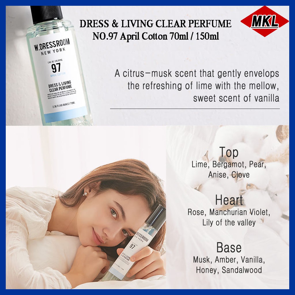 【W.DRESSROOM】 Season 2BTS Jungkook's FavoriteDRESS & LIVING CLEAR PERFUME - NO.97 April Cotton / NO.45 Morning Rain / NO.49 Peach Blossom / NO.11 White Soap / NO.34 Always happy. 