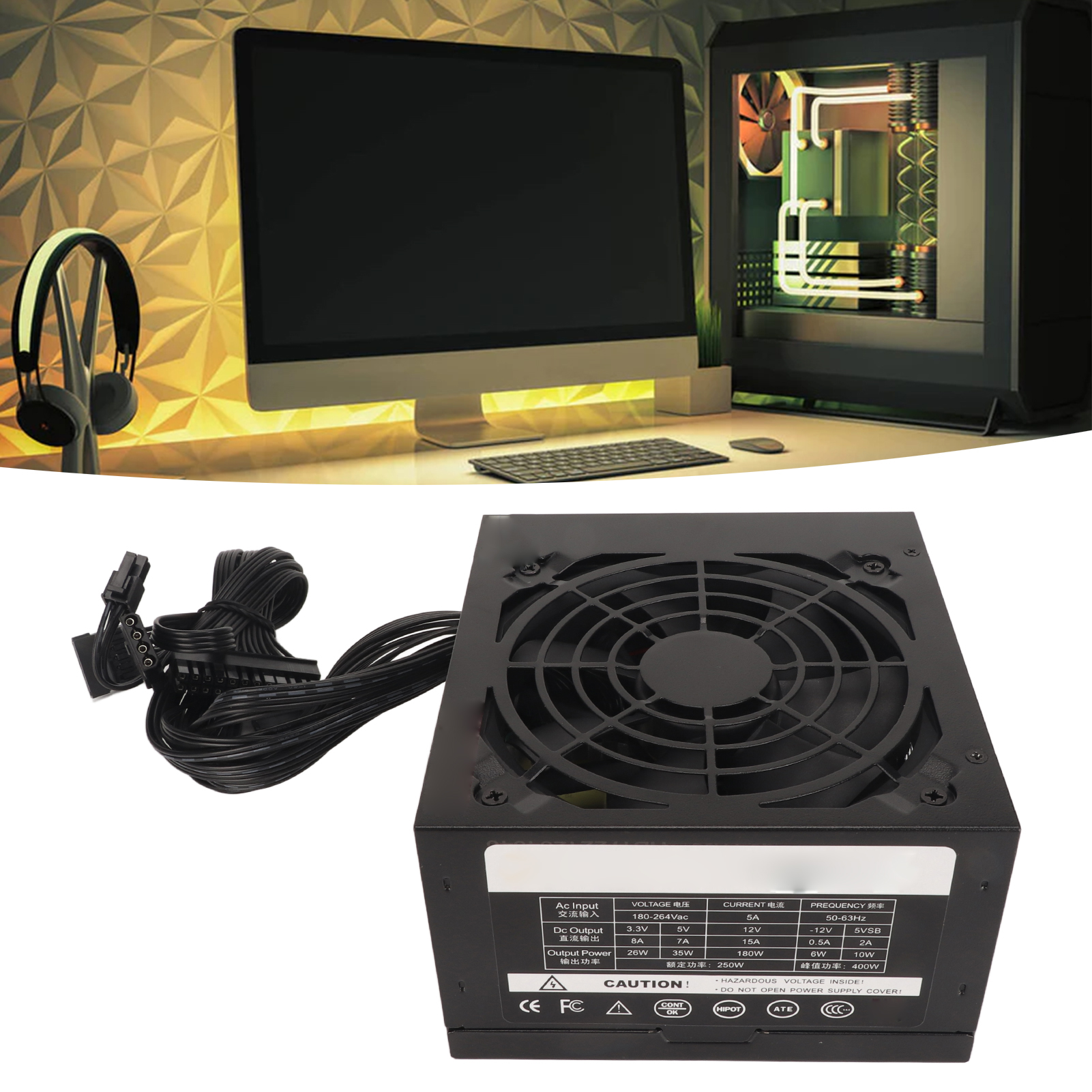 Gaming PC Power Supply, Computer Power Supply 400W Stable Multiple Protection 180-264V Adjustable for Computer. 
