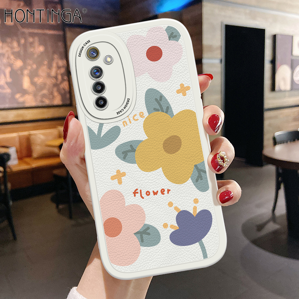 Hontinga for Realme 6 / Narzo Back Cover PU Leather Beautiful Flowers Print Case Soft Silicone Edge Phone Cases