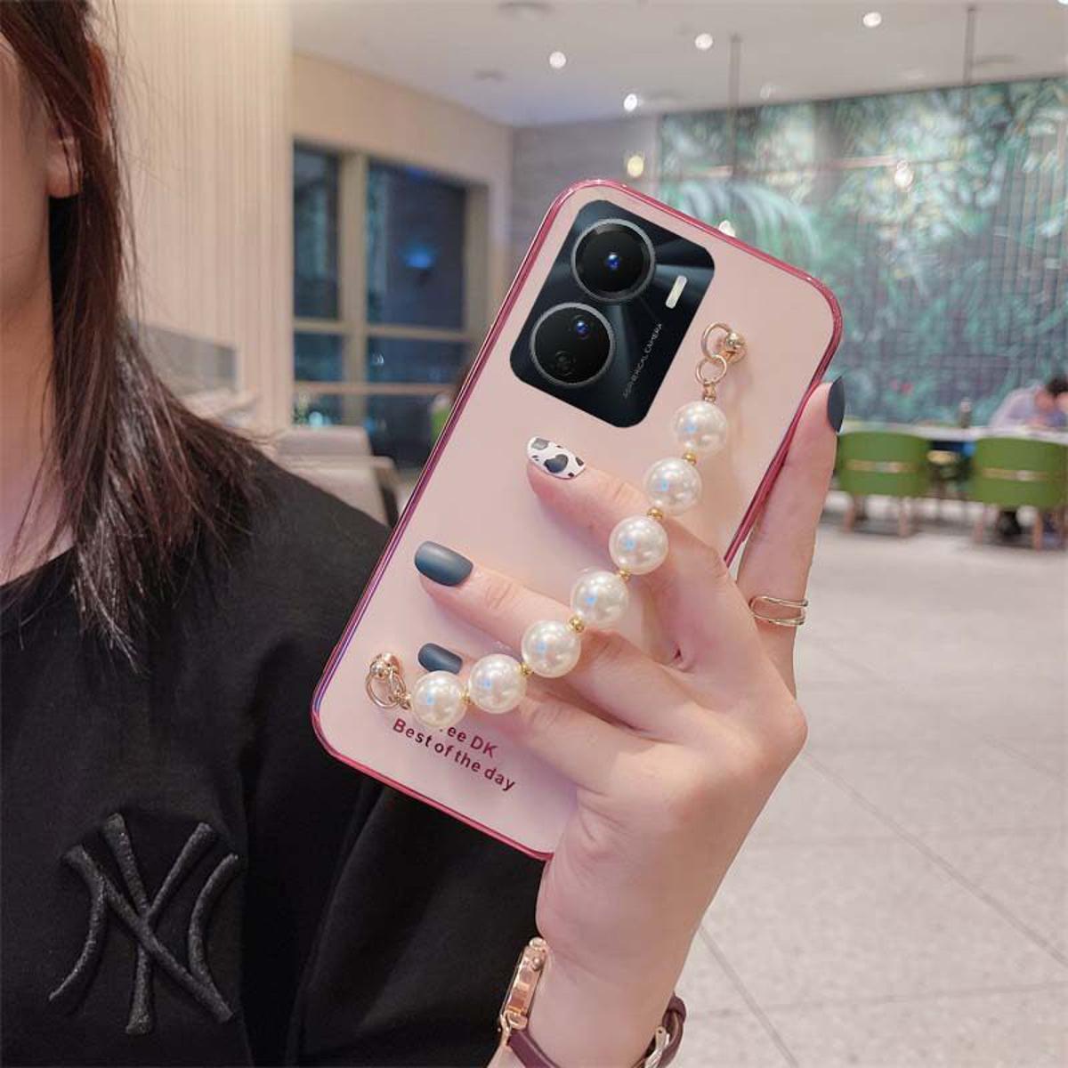 For VIVO Y16 Case Transparent Plating Electroplating Shiny Cases + Pearl Bracelet for VIVOY16 Cover Casing