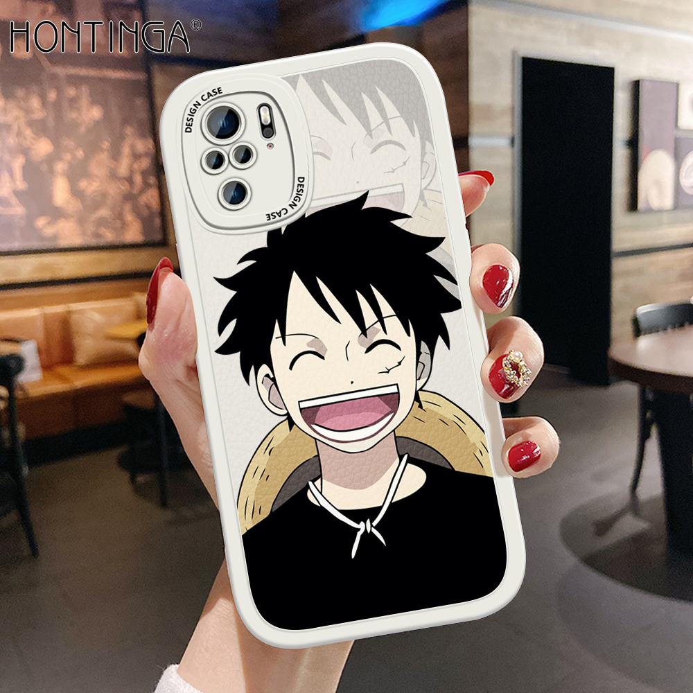 Hontinga for Redmi Note 10 4G / Note 10S Back Cover PU Leather Happy Luffy Case Soft Silicone Edge Phone Cases
