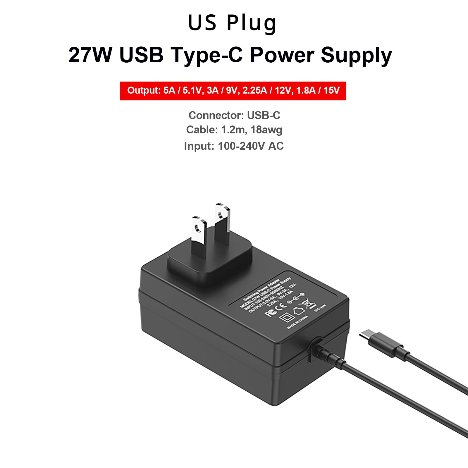 For Raspberry Pi 5 Power Adapter 27W USB-C Power Supply 5.1V 5A Compatible for PD Charing 1.2m, 18awg EU US UK AU Plug. 