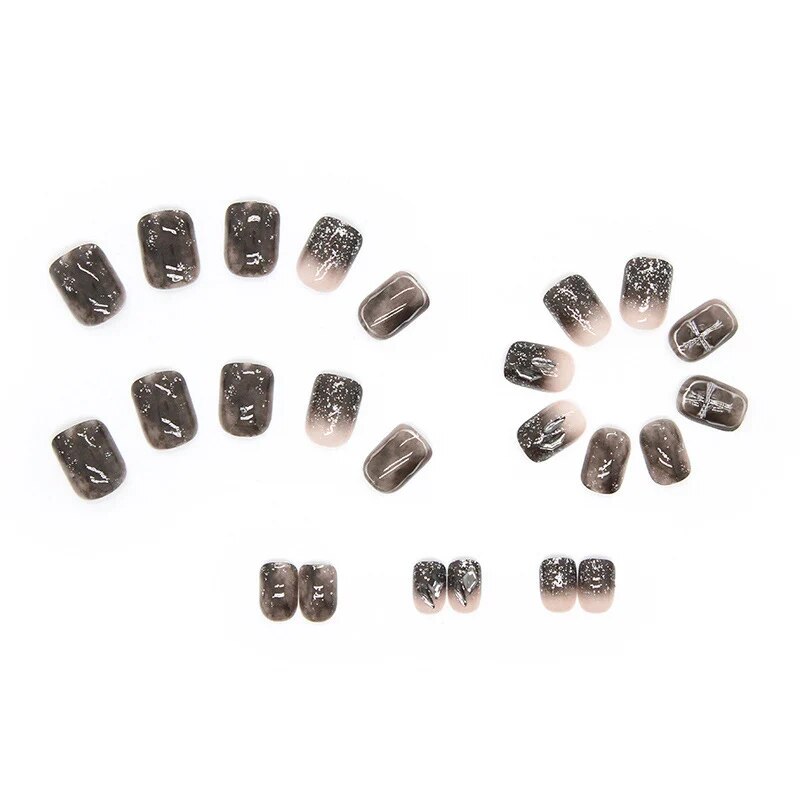 Black Y2K Nails with Glue Artificial Nails Tips with Matte Black Rose Designs Press on Nail False Nails Set Nail Art Tool. 