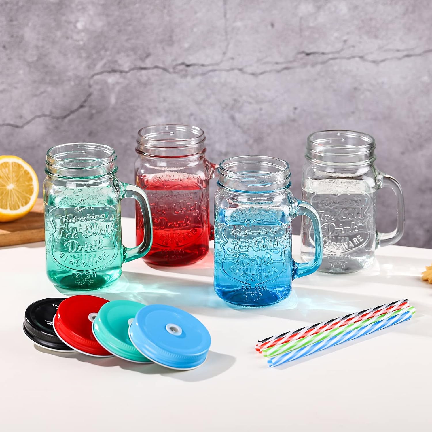 Drinking Glass with Handle and Lid 500 ml Colour Gradient Drinking Glasses Straw is RColourful Ice Cold Drink Glasses - Minimalistic Sophistication. 