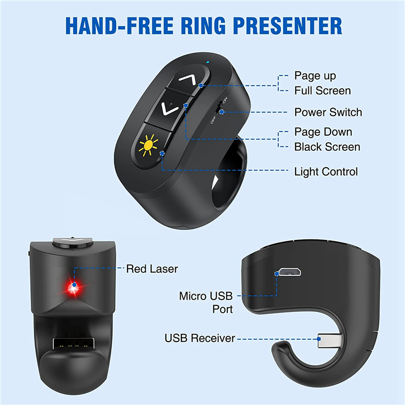 5X 2.4GHz Rechargeable Wireless Presenter Finger Ring with Red Light USB Presentation Remote for Win 10 8 Point. 