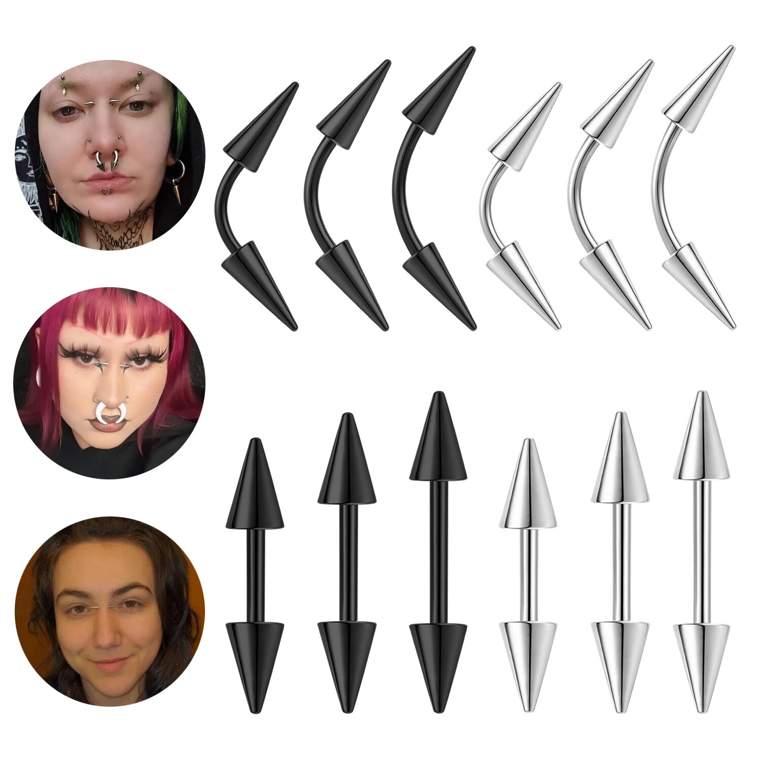 AOEDEJ 1 Piece Punk Rock Stainless Steel Eyebrow Ring Black Color Long Spike Bridge Piercing Double Cones Ear Piercings Jewelry