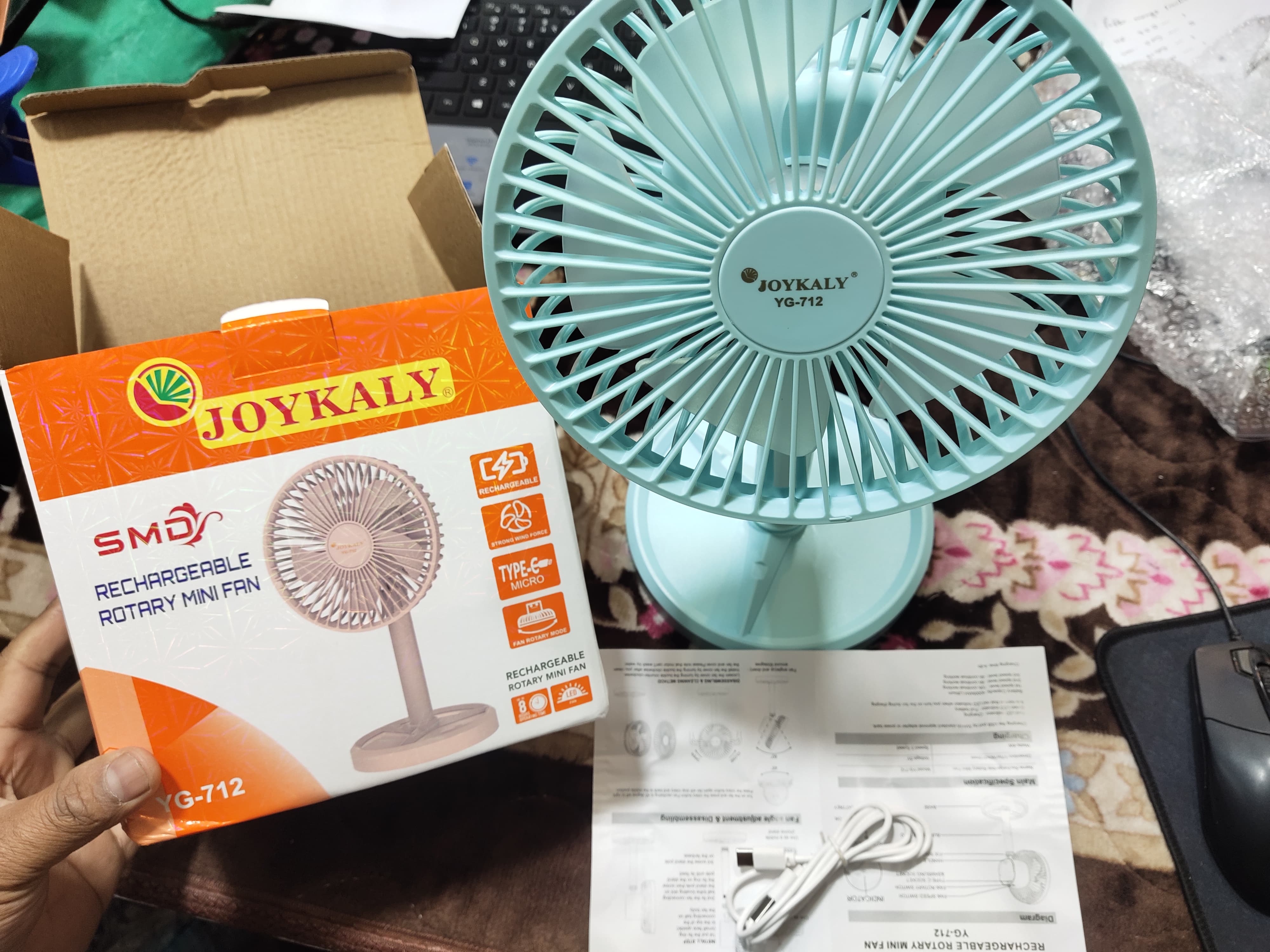 JOYKALY YG-712 Rechargeable Lithium Battery Strong Wind Portable Desk / Table Fan. 