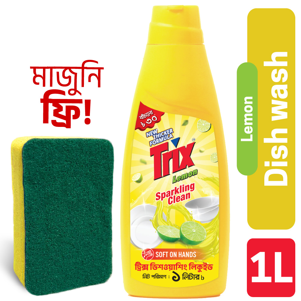 ( Free Scrubber ) Trix Dishwashing Liquid 1L Bottle Lemon Fragrance for Scratch-Free Sparkling Clean Dishes, removes grease stains with power-rich thick foam