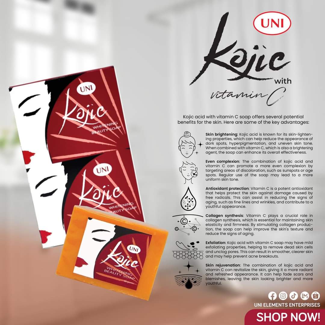 Kojic Whitening Soap with Vitamin C permanent whitening (Men & Women) face and body soap for instant result of popular Philippine's Uni brand 90 gm,  Lightening, Instant whitening, tan removal, pigmentation reducing soap bar. 