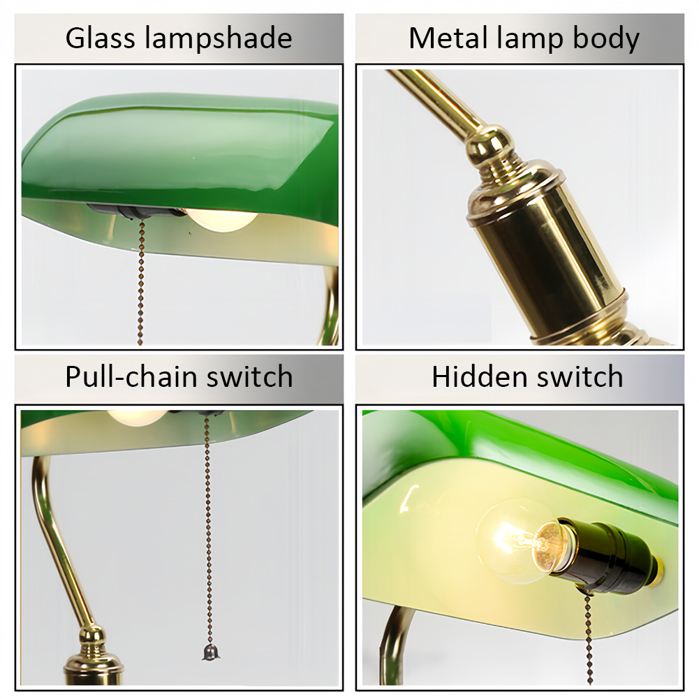 GC Vintage Desk Lamp Green Glass Antique Table Lights With Brass Base Wireless Rechargeable Pull Chain Traditional Library Lamp. 