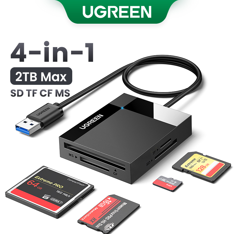 UGREEN SD Card Reader USB 3.0 Card Hub Adapter 5Gbps Read 4 Cards Simultaneously CF, CFI, TF, SDXC, SDHC, SD, MMC, Micro SDXC, Micro SD, Micro SDHC, MS, UHS-I for Windows, Mac, Linux. 