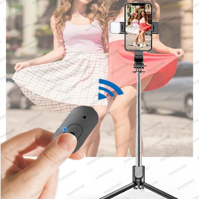 FANGTUOSI Bluetooth Selfie Stick Tripod With Wireless Remote Shutter Fill Light Phone holder Monopod For Smartphone Tiktok live. 
