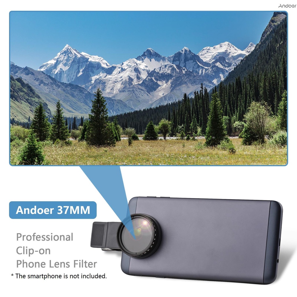 Andoer 37MM Professional Clip-on Phone Filter Lens ND2-400 Adjustable Neutral Density Filter with Phone Clip Lens Protector for Smartphone Photography. 