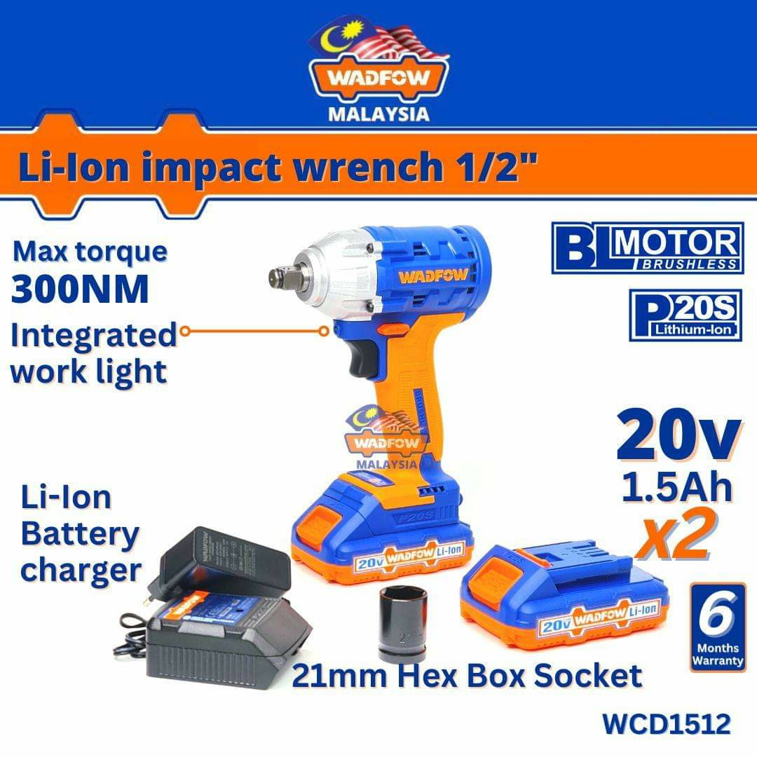 WADFOW Cordless Impact Wrench, Brushless Motor, 300 Nm, Impact Wrench, 3300 bpm, LED Light, Forward & Reverse, Cordless torque wrench With 2 pcs Batteries, Socket WCD1512. 