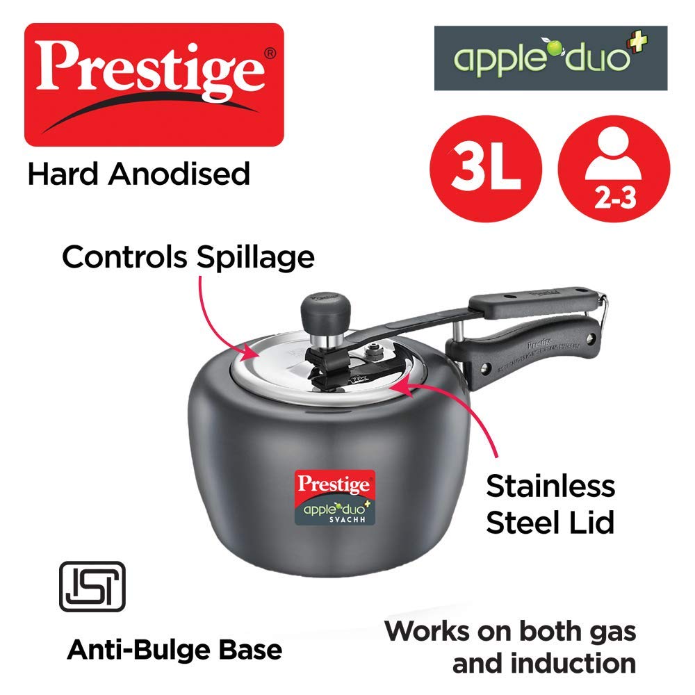 Prestige 20263 Litres Apple DUO Plus Hard Anodised Induction Base Inner  Lid Pressure Cooker Stainless Steel Deep Lid with Metallic Safety Plug