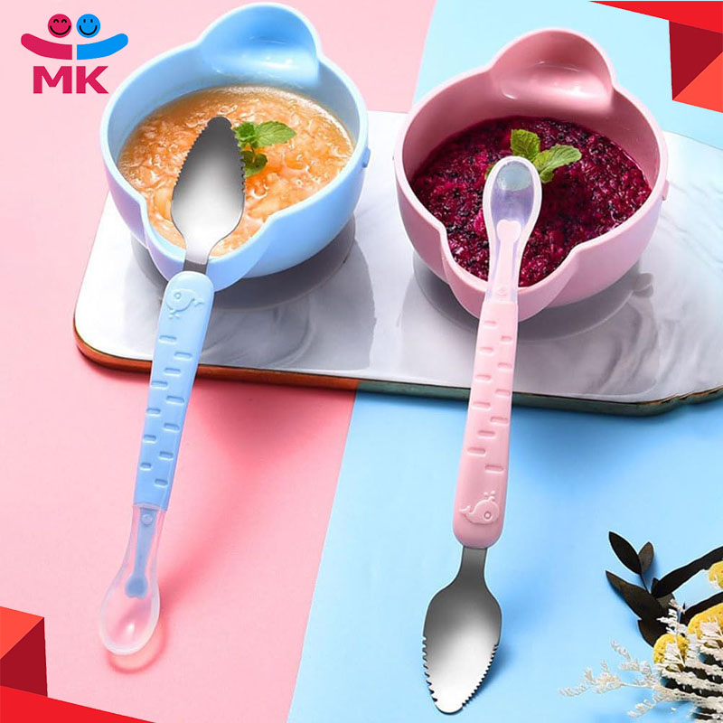 New Design Double Head Scraper Mud Spoon Stainless Steel Fruit Mud Spoon Baby Silicone Spoon for Kids Feeding