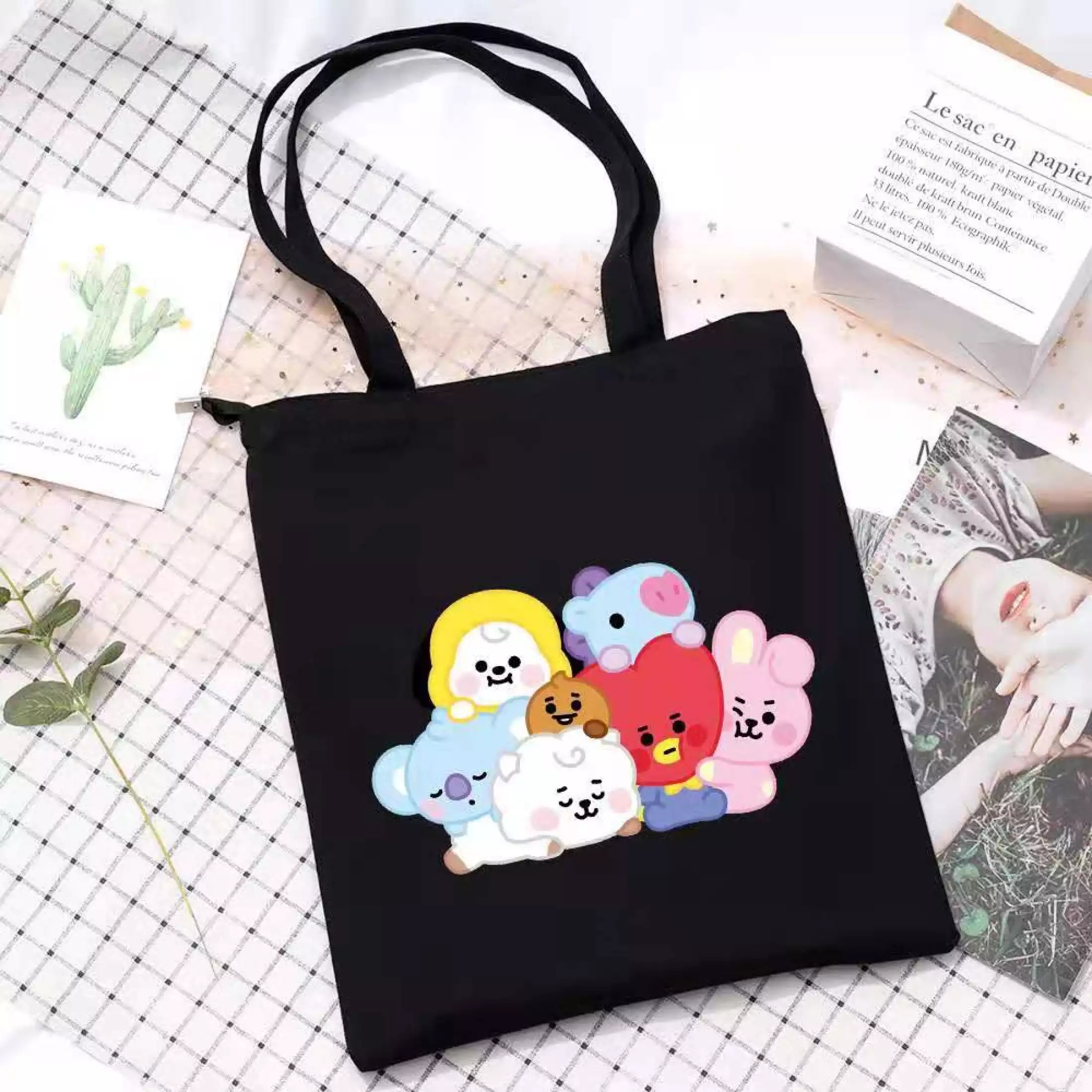 ZIME Korean BTS BT21 Cartoon Printed Canvas Tote Bag Fashion Shoulder Bag TATA COOKY RJ CHIMMY Printed Daraz .bd