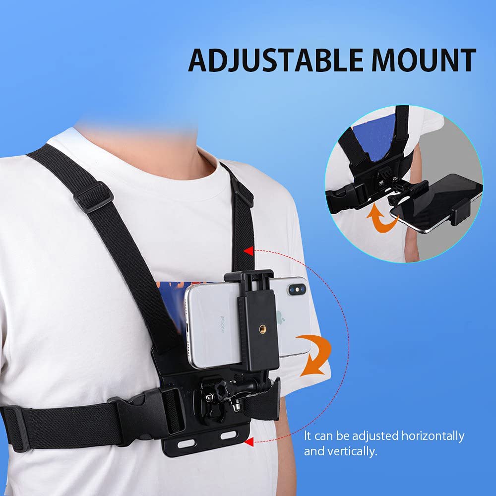 Chest Strap Mount with Jhook for Action Camera and Phone- GoPro (HERO11,Mini,10,9, 8/7/6/5/4/3+/3/2, MAX, Session, Fusion) DJI Osmo Action, Insta360. 