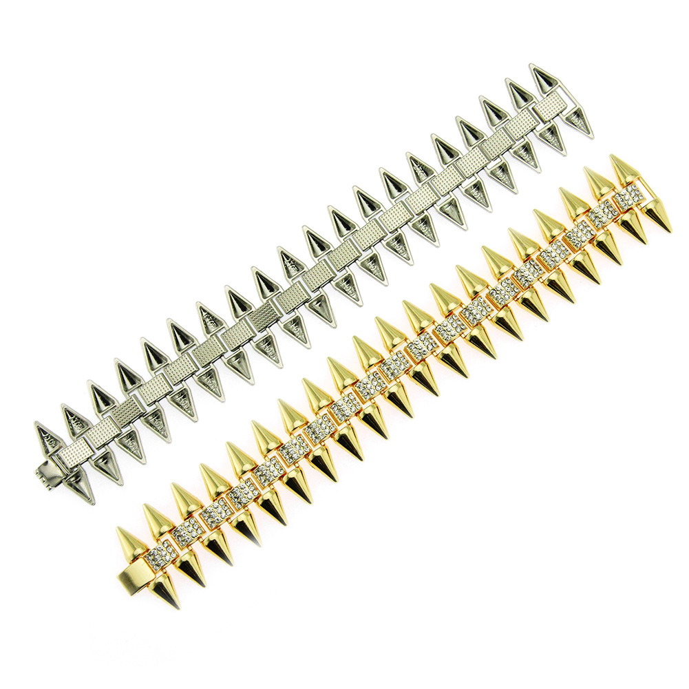 European and American hip-hop rappers men's bracelets motorcycle bicycles bracelets with pointed tapered diamonds performance props accessories. 