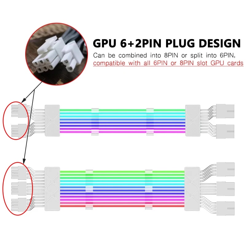Jumpeak Computer 18AWG ARGB Sync PSU Power Supply Extension Cable Kit ATX 24PIN VGA GPU PCI-E 8PIN 6Pin RGB PC Module Cables. 