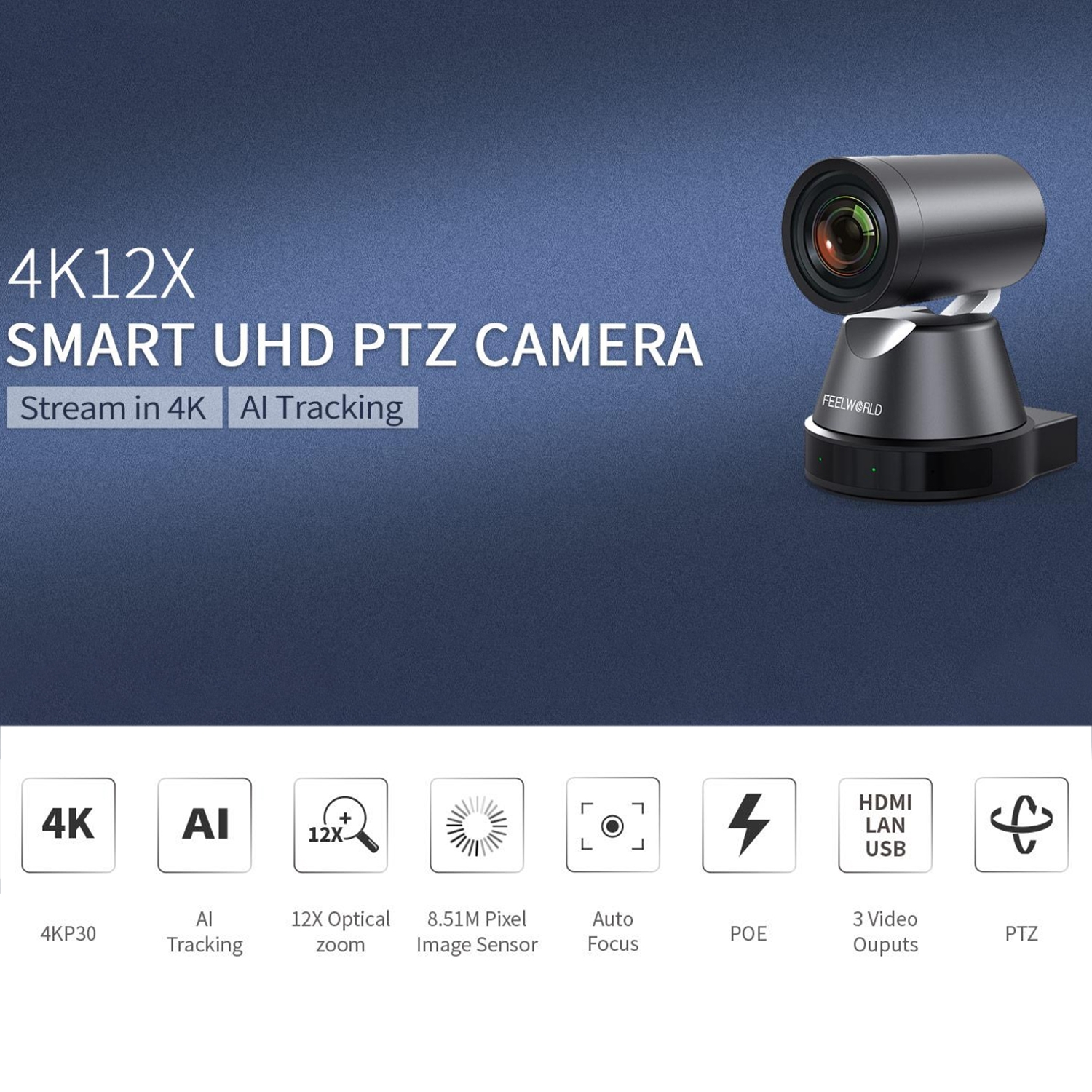 FEELWORLD 4K12X 4K PTZ Camera 12X Optical Zoom AI Tracking HDMI USB IP Remote Control. 