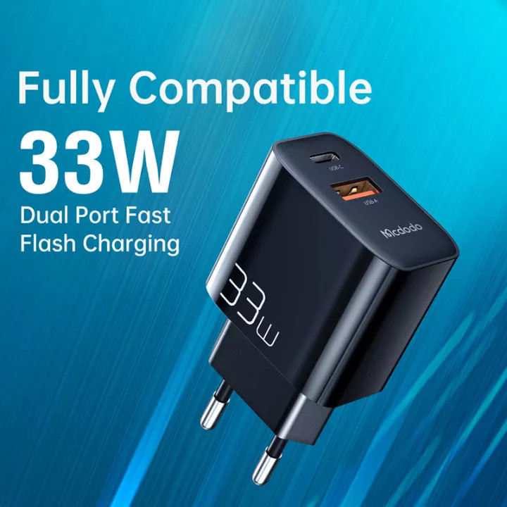 MCDODO CH-0921 MDD PD 33W USB-A + Type-C Dual Output Fast Charger Cell Phone Charger Adapter EU Plug.