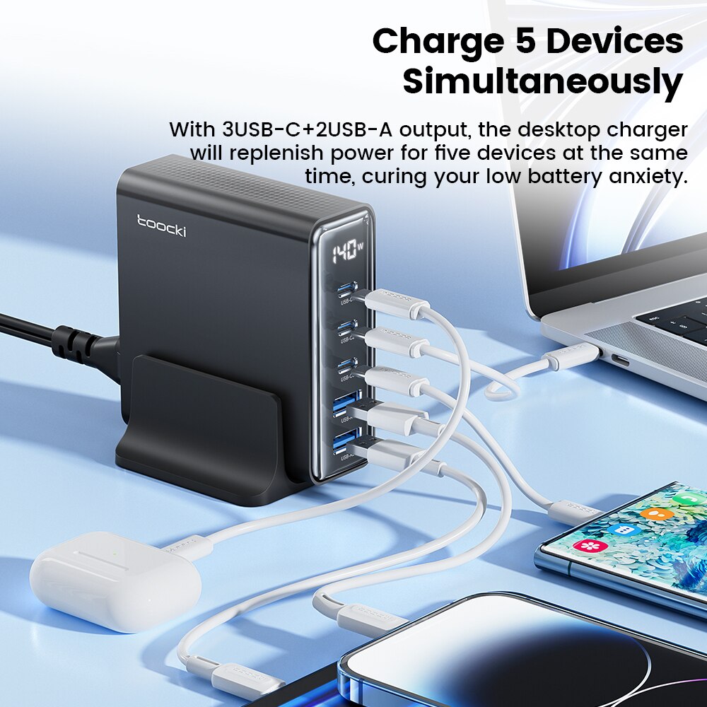 Toocki 140W GaN USB Charger 5in1 Desktop Fast Charge USB Type C Charger LED Display Charger For iPhone Xiaomi Smartphone Laptop. 