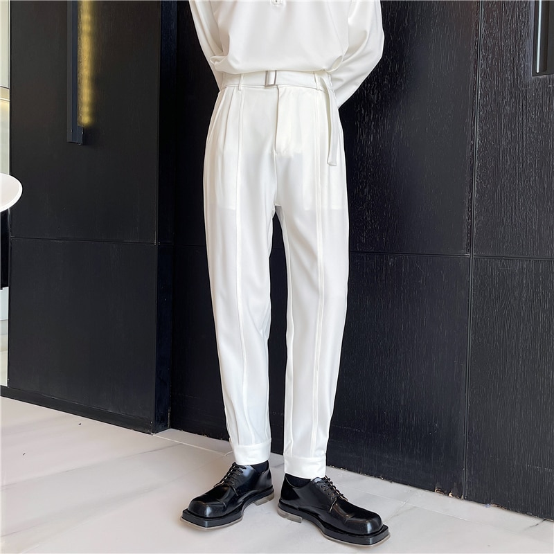 Korean Style Chic Harem Pants Men Solid Black White Man Trouser with Belt Spring Summer Tapered Ankle Length Casual Pant Quality. 