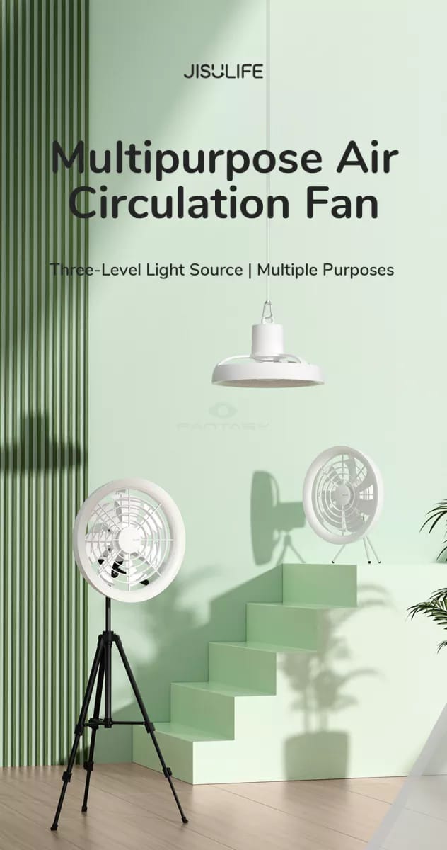JISULIFE FA17 Rechargeable Fan with LED Ceiling Fan with Long Tripod Stand- White Color. 