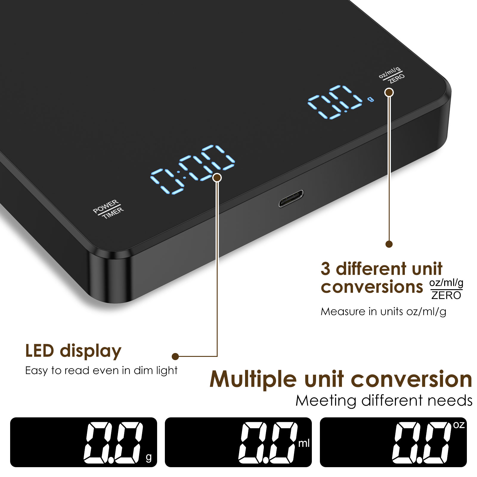 Digital Kitchen Scale with Timer 3kg/0.1g Espresso Coffee Making Mini Food Weight Scale High Precision Measures Rechargeable. 