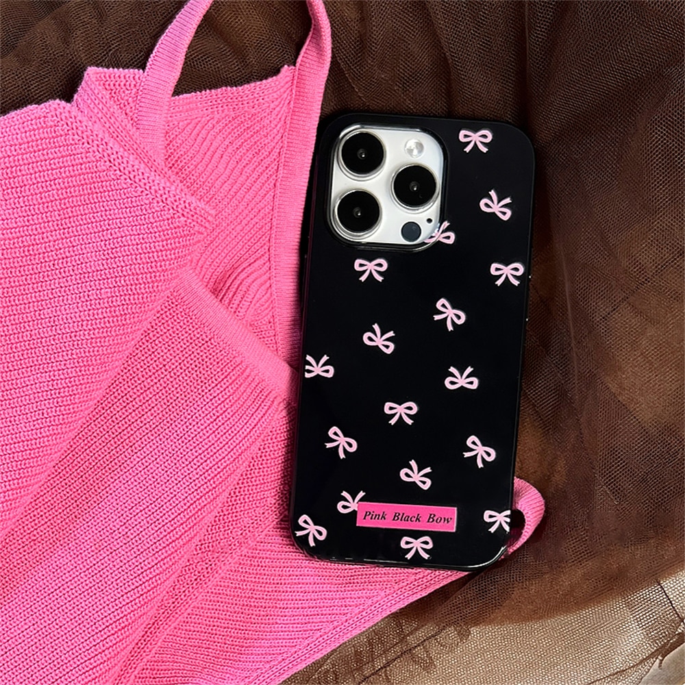 Korean Cute Hot Pink Bow Soft Silicone Case For iPhone 15 14 13 12 11 Pro Max X XR 7 8 Plus Glossy Shockproof Soft Black Cover. 