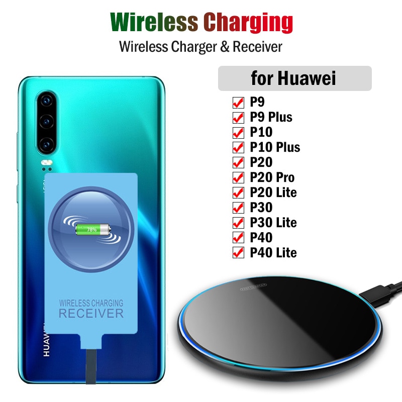 Qi Wireless Charger & Receiver for Huawei P9 P10 Plus P20 Pro P30 P40 Lite Phone Wireless Charging Adapter USB Type-C Connector. 