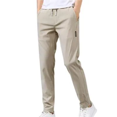 Spring Summer Men Pants Elastic Waist Trendy Korean Style Casual Drawstring  Pants Men Straight-leg Trouser