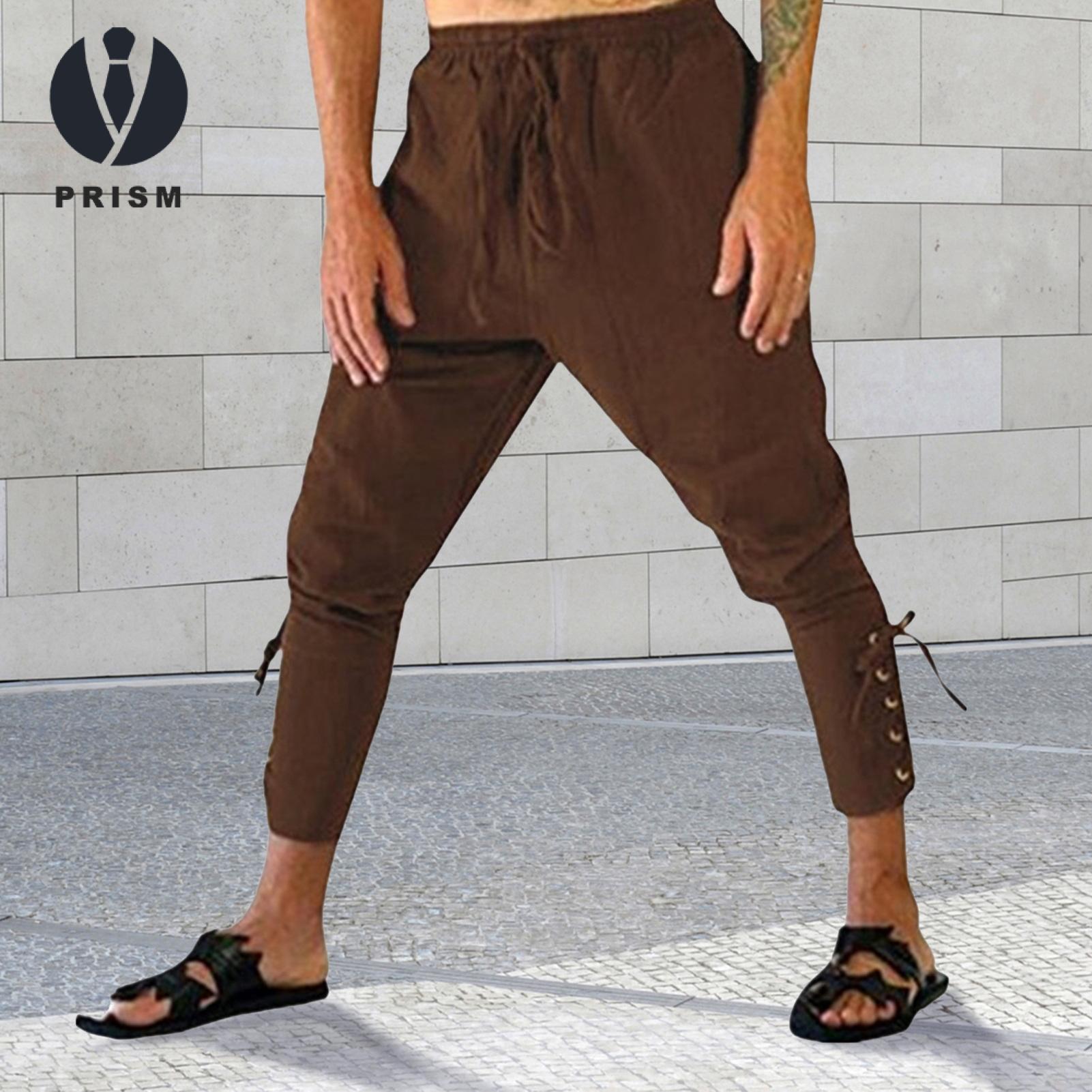 Prism Men Solid Color Leggings Men's Medieval Viking Pirate Ankle-banded Lace-up Pants Elastic Waist Cosplay Costume Trousers Men Casual Pants. 