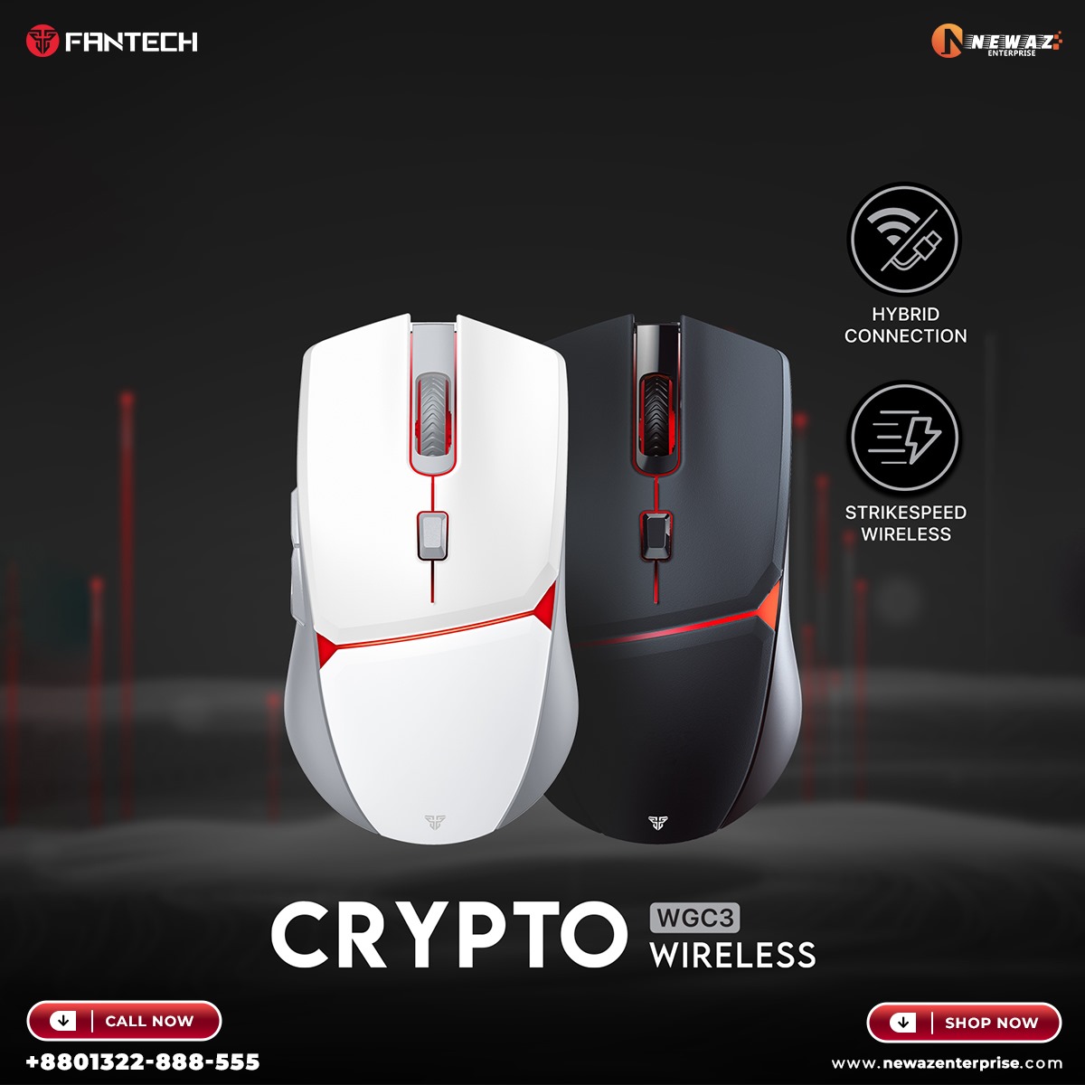 FANTECH WGC3 CRYPTO Wired And Wireless Gaming Mouse Pixart 3325 And 10000 DPI Mouse Poling 1000Hz Macro 6 Button Mice. 
