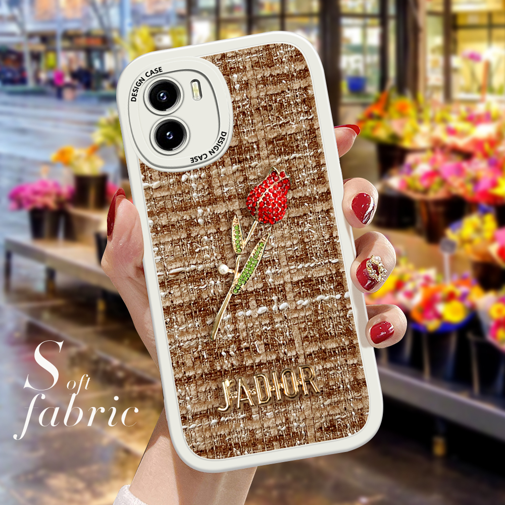 FELMYST Casing Case For Vivo Y01A Fashion Rose Flower Gemstone Ornament Brand JADIOR Gem Soft Silicone Fabric Phone Case Full Cover Camera Protection Cases Shockproof Back Cover Phone Casing Softcase For Girls. 