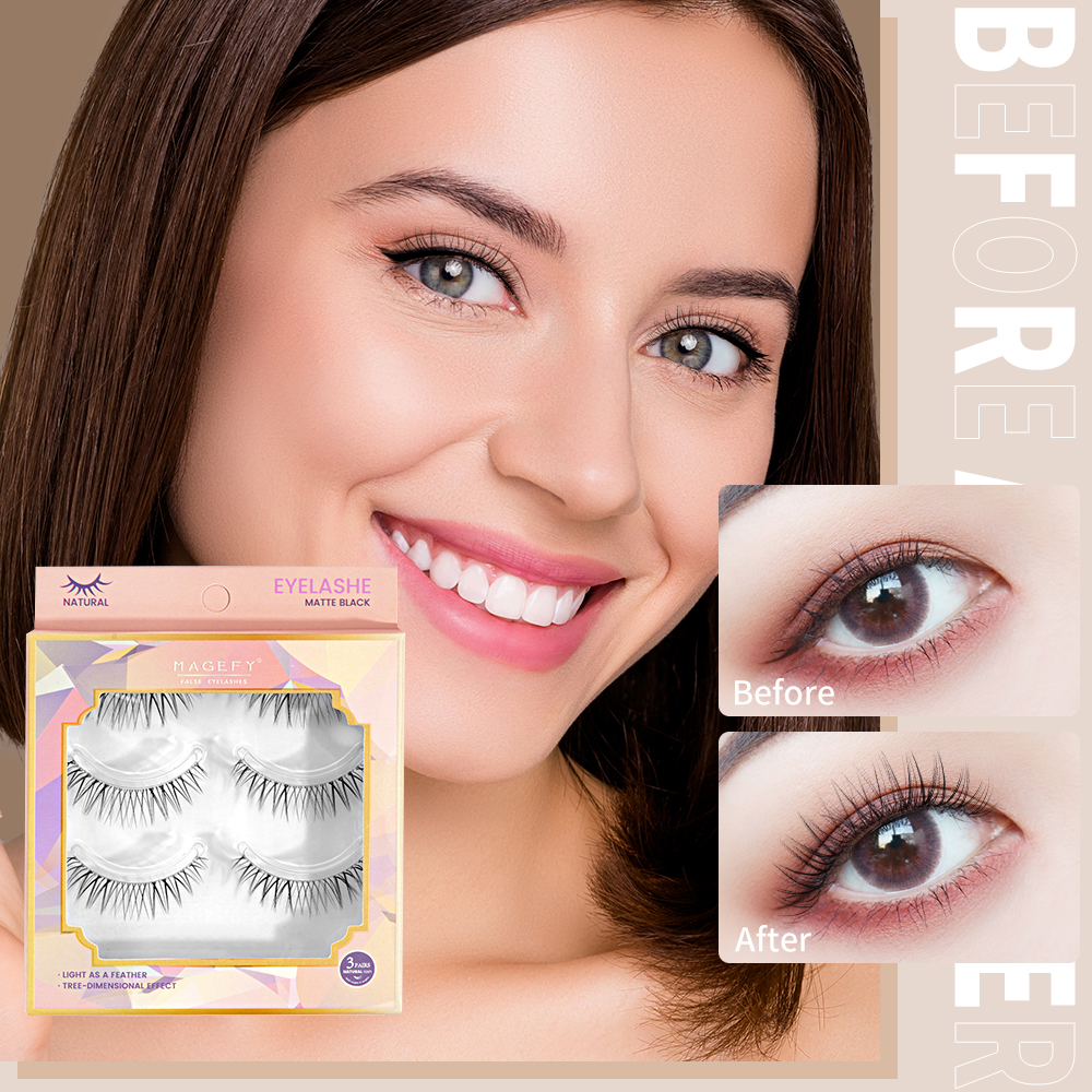 MAGEFY 3 Pair/Box 3D Natural Eyelashes Extension Full Set High Quality Hand-Made 11mm False Eyelashes C-Degree Curling Eyelashes Extension Full Set Original. 
