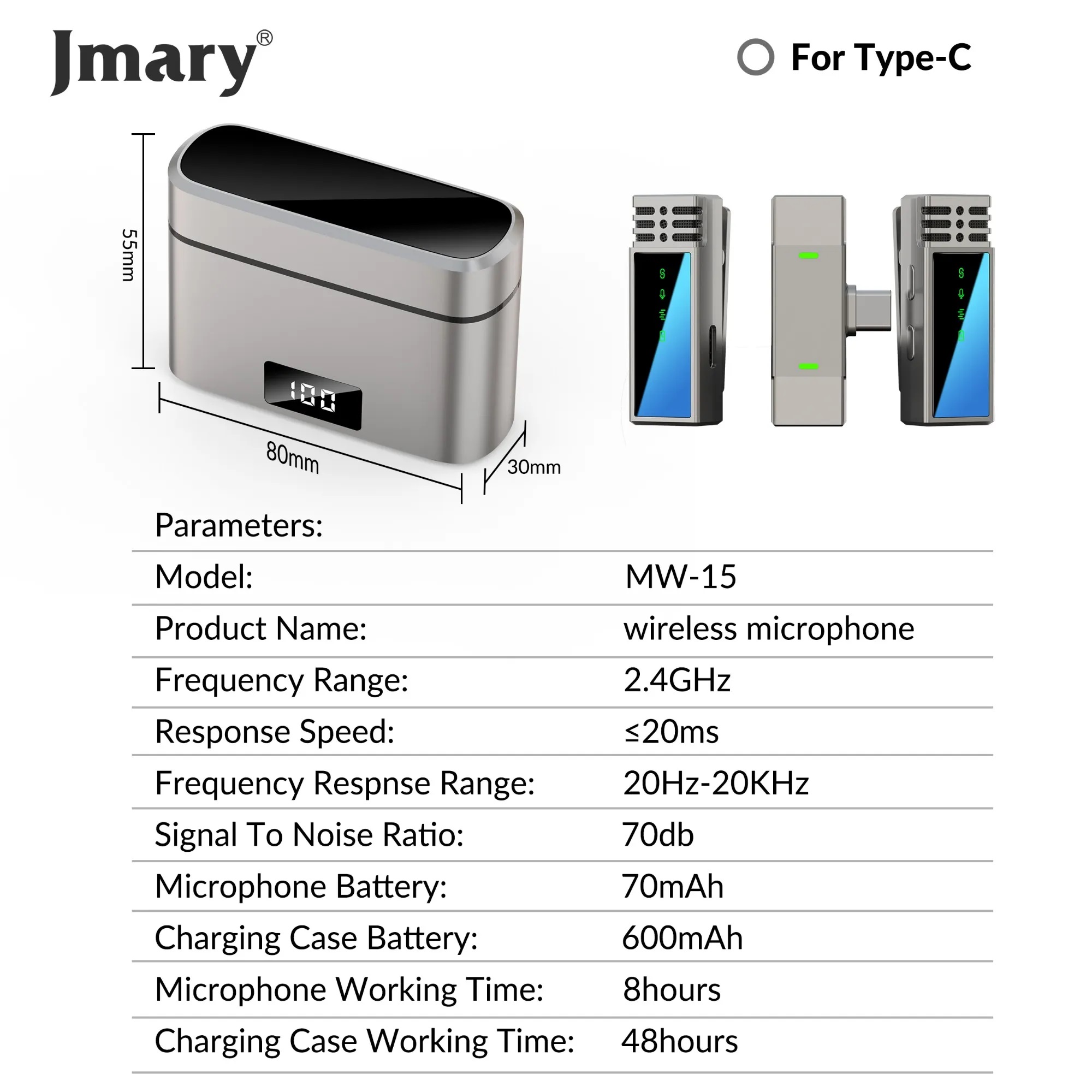 Jmary MW-15 2.4GHz Dual Wireless Microphone For Mobile Available in USB-C With Charging Case. 