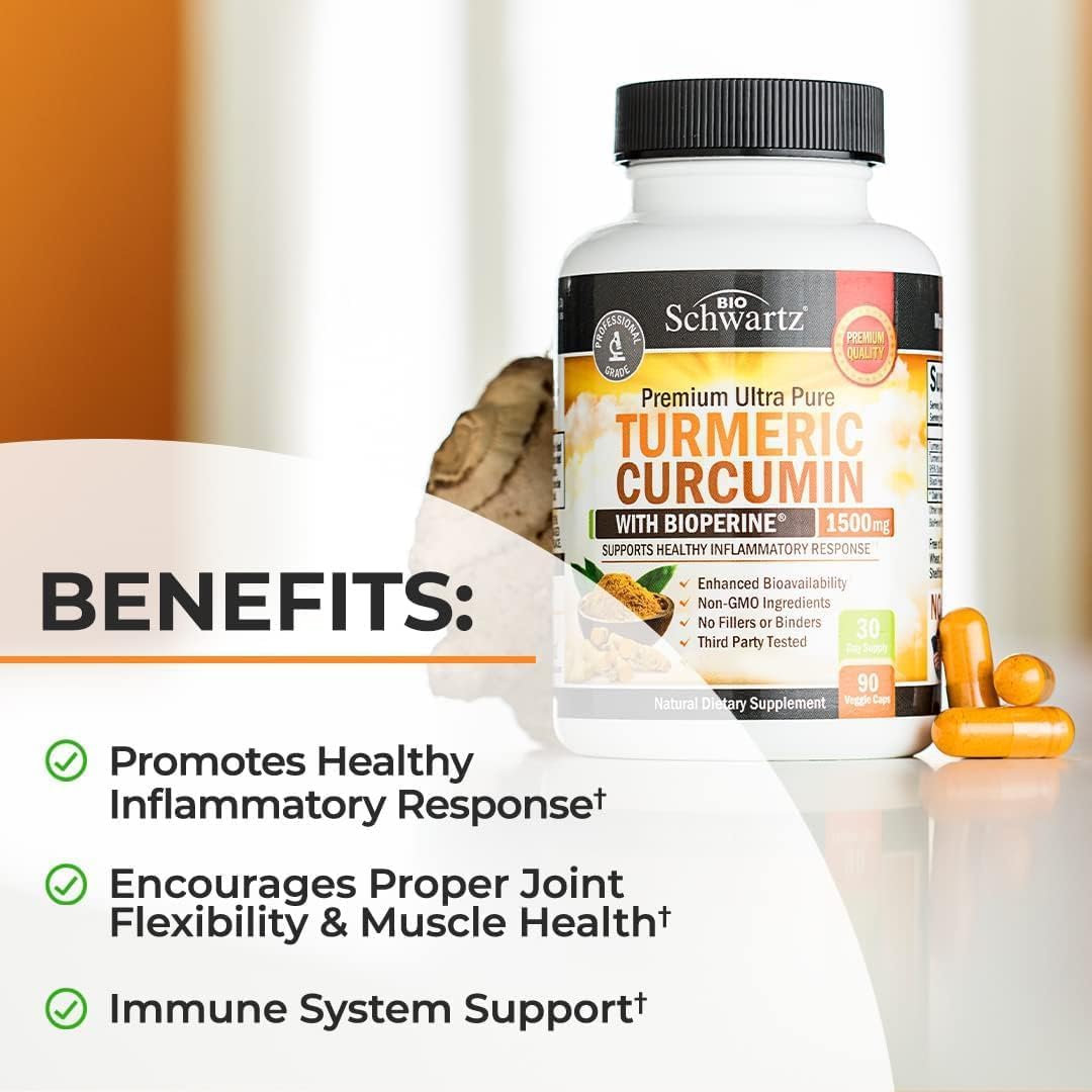 Bio Schwartz Turmeric Curcumin with Black Pepper Extract 1500mg - High Absorption Ultra Potent Turmeric Supplement with 95% Curcuminoids and BioPerine - Non GMO Tumeric Capsules for Joint Support - 90 Capsules. 