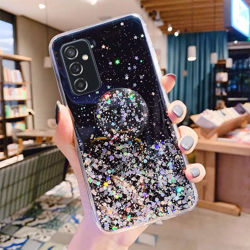 For Samsung Galaxy M13 Case Glitter Bling Soft Stars Moon Sequins Folding Bracket Transparent for Cases Samsung M13 Back Cover Casing. 